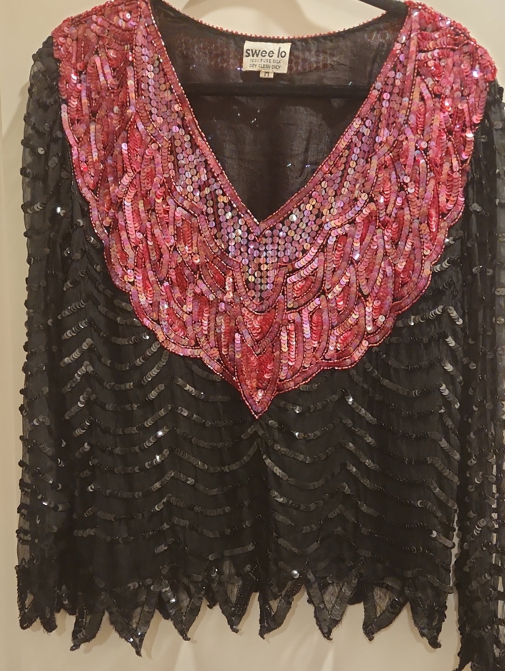 Swee Lo Black Sequin Blouse with Pink Beaded V-Neck